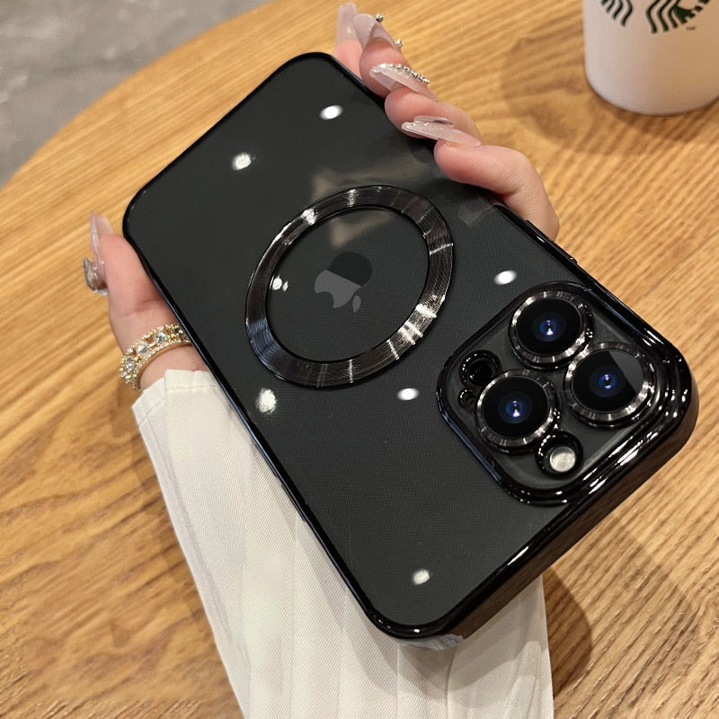 Luxury Plating Clear Logo Hole Shockproof Phone Case For iPhone 14 /Plus/Pro/Pro Max Lens Protection Cover