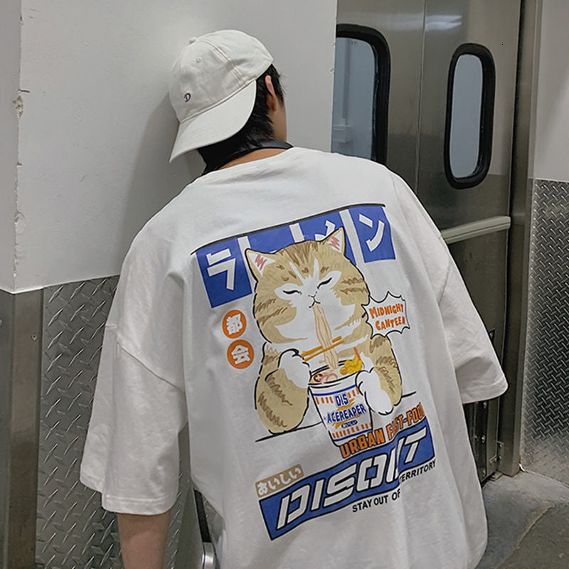 Cat Cartoon Graphic Oversized Tshirt Casual Baggy Short Sleeve, Japanese Style