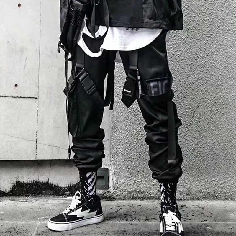 Joggers Cargo Pants for Men Casual Hip Hop Hit Color Pocket Male Trousers Sweatpants Streetwear Ribbons Techwear Pants